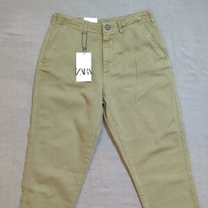 Zara NWT High Rise Slim Cotton Pants Green Women's 29